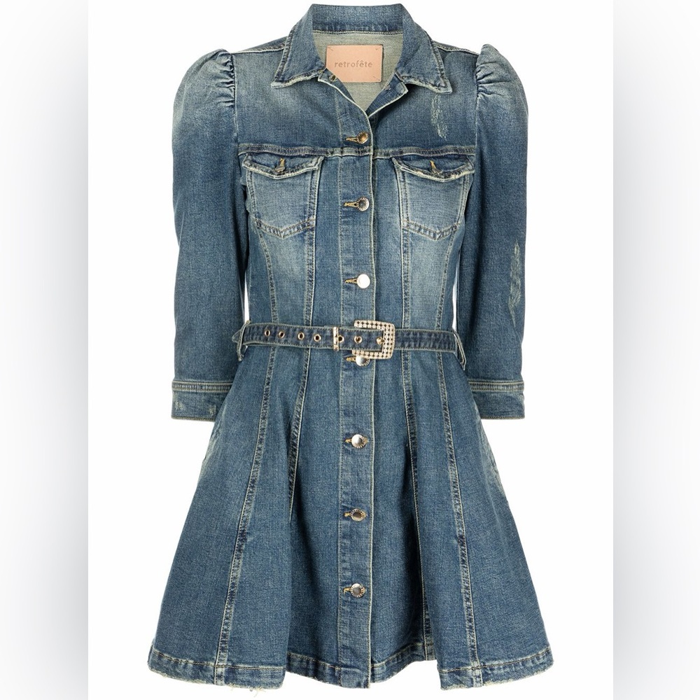 Retrofete Denim Blue Long Sleeve Belted Shirt Dress